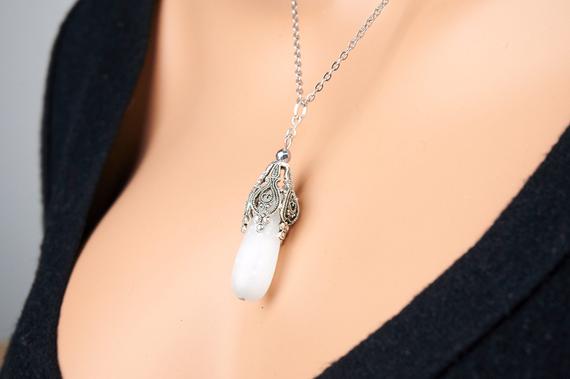 Genuine White Selenite Teardrop Pendant. Selenite Silver Flower Pendant  40mm
