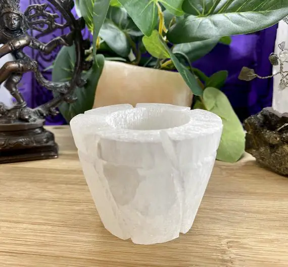 Flower Pot Selenite Crystal Candle Holder Votive Altar Satin Spar Gypsum Sphere Stand