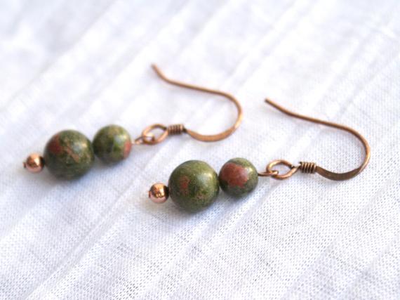 Small Unakite Earrings With Copper; Pink, Green Gemstone Earrings; Boho, Hippie, Mother Earth Inspired Jewelry; Simple, Round Bead Earrings