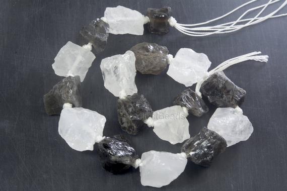 Rough Gemstones Wholesale - Rough Uncut Gemstones -  Smoky Quartz And Rock Crystal Mixed Strand -- Natural Uncut Rough Nugget Beads -15 Inch