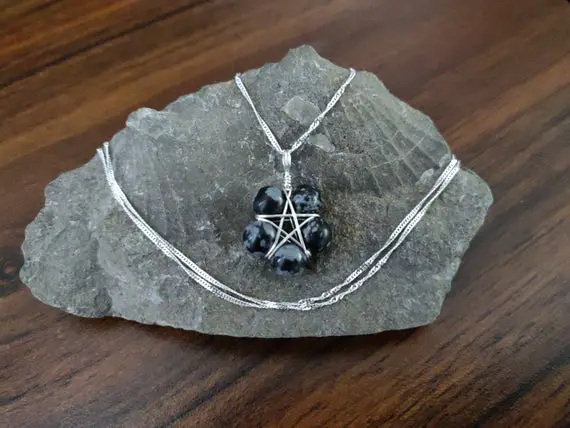 Snowflake Obsidian Pentagram Necklace, Pentacle Necklace Charm Eco Silver, Snowflake Necklace, Crystal Jewelry, Wiccan Pendant, Witchy Gift,