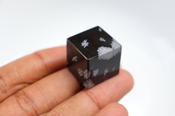Snowflake Obsidian Crystal Cube, Base & Solar Plexus Chakras Healing Stone Cube,  Grounding Snowflake Obsidian Polished Crystal Cube.
