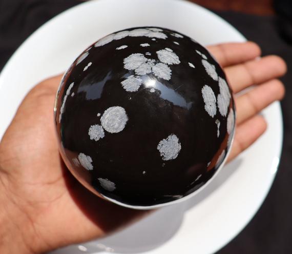 Xxl Snowflake Obsidian Crystal Ball Sphere, Base & Solar Plexus Chakras Healing Stone Sphere,  Groundingsnowflake Obsidian Polished Crystal.