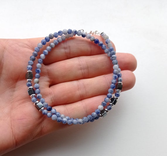 Blue Sodalite Dainty Necklace Thin Choker Necklace 3.5 - 4 Mm