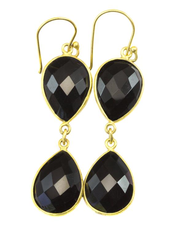 Black Spinel Earrings Bezel Set Faceted Large Teardrop Gold 14k Solid Gold Or Filled Double Hung Natural Drops 2 Inches