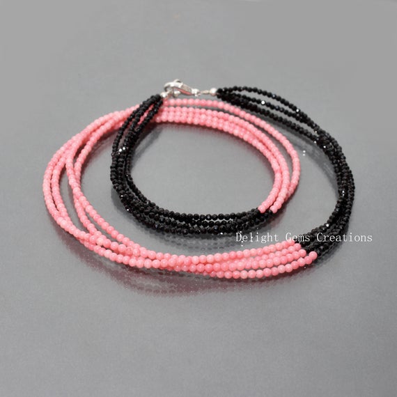 Black Spinel And Pink Coral Beaded Necklace, 2-2.5mm Faceted-smooth Round Beads Necklace, Multi Layering Necklace, Gemstone Beads Necklace