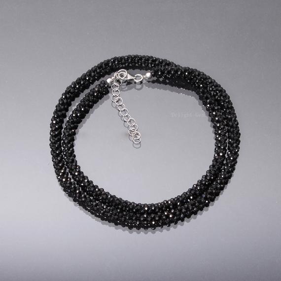 Black Spinel Hand Woven Beaded Necklace, 2mm Micro Faceted Black Spinel Round Bead Necklace, Hand Woven Black Bead Necklace Jewelry
