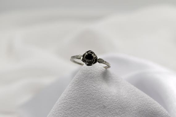 Black Spinel Ring, Gothic Ring, Rose Leaf Ring, Black Ring, Genuine Black Spinel 3mm Round, Set In 925 Sterling Silver Rose Mounting