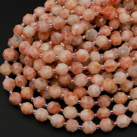 Natural Sunstone 8mm 10mm Beads Faceted Energy Prism Double Terminated Points 15.5" Strand