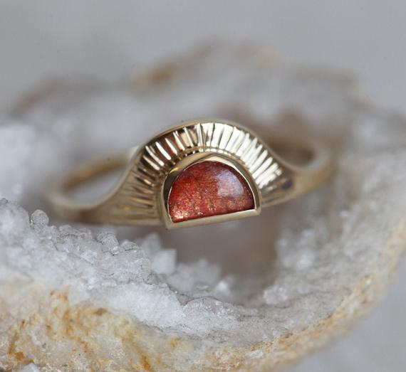 Sunset Ring, Sunstone Engagement Ring, Gold Sunrise Ring, Bohemian Sun Ring, Half Moon Ring