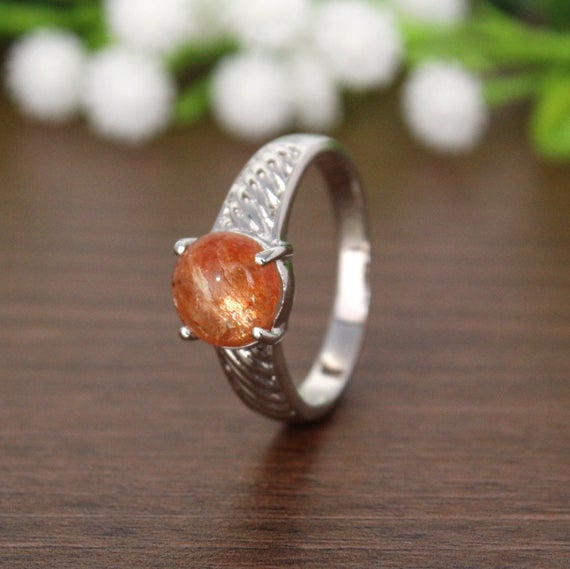 Natural Sunstone Silver Ring, Round Sunstone,healing Stone Ring, Jewelry For Gift, Promise Ring, Bohemian Ring, Statement Ring, Tribal Jewel
