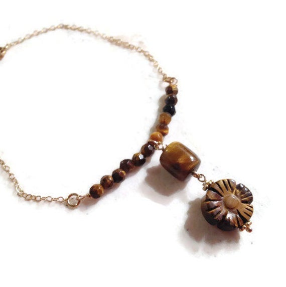 Tigers Eye Bracelet - Gold Jewelry - Brown Jewellery - Chain - Flower Charm - Fashion - Gift For Her - Jewelrybycarmal - Handmade
