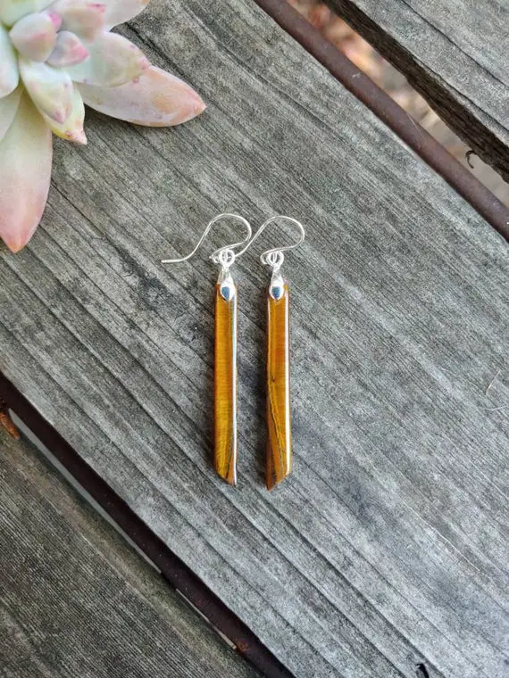 Long Stick Tiger Eye Earrings. Silver Tiger Eye Earrings