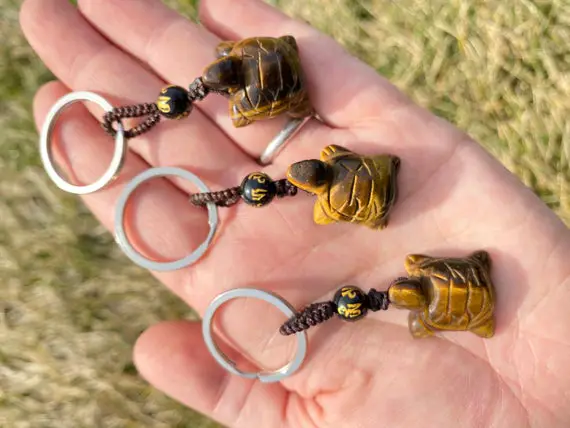 Tigers Eye Crystal Turtle Key Chain - Hand Carved Turtle - Turtle Gift - Polished Turtle Figurine - Turtle Carving - Miniature Turtle