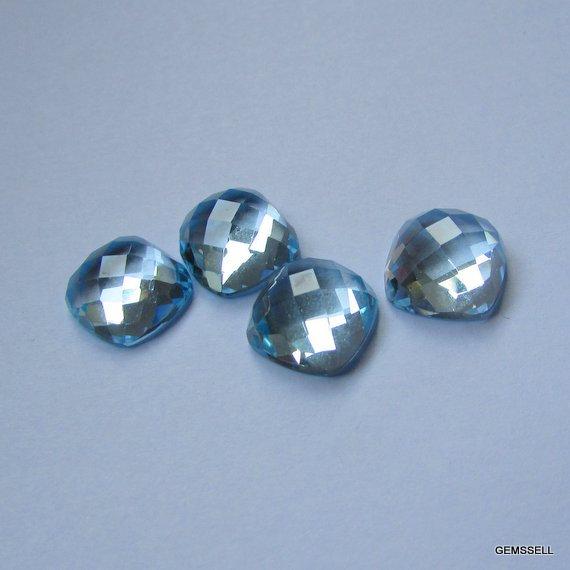 1 Pieces 10mm Sky Blue Topaz Faceted Cushion Checker Cabochon Gemstone, Sky Blue Topaz Cushion Faceted Checker Flat Gemstone