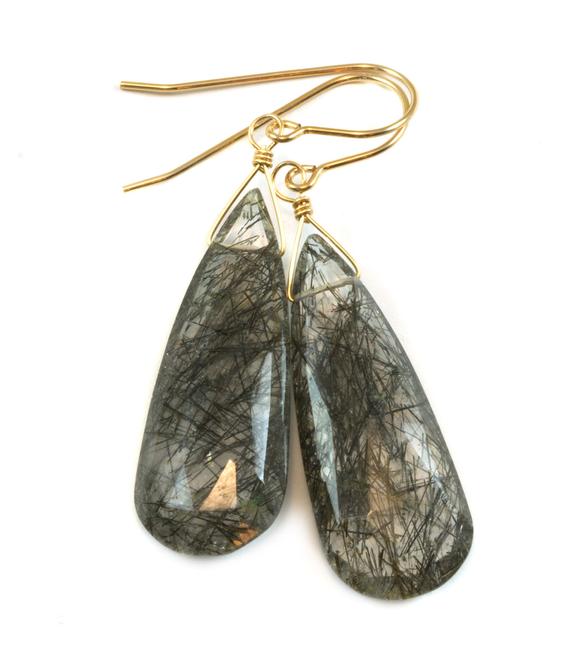 Black Rutile Tourmalated Quartz Earrings 14k Gold Filled Faceted Large Long Rutilated Select Teardrop  2 Inch Rich Select Rutilation