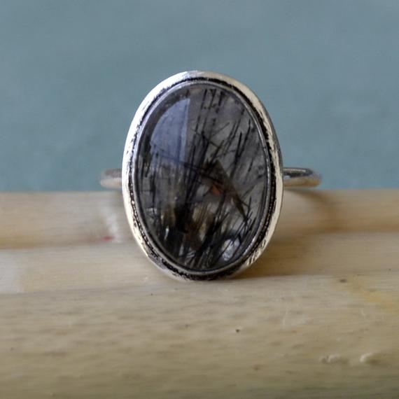 Oval Cab Tourmalinated Quartz Black Hair Rutile Gemstone Ring,  925 Sterling Silver, 14k Yellow Gold Fill, 14k Rose Gold Fill Ring Jewelry
