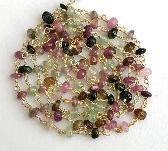 3.5-4mm Multi Tourmaline Wire Wrapped Plain Rondelle Bead, Rosary Style Beaded Chain, 925 Silver With Gold Polish ( 1foot To 10feet Options)