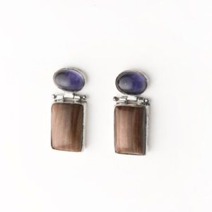 Shop Petrified Wood Jewelry! Vintage Mod Iolite and Petrified Wood Sterling Silver Post Earrings, Fossilized Wood and Iolite Stud Hinge Earrings, Unique Gemstone Earring | Natural genuine Petrified Wood jewelry. Buy crystal jewelry, handmade handcrafted artisan jewelry for women.  Unique handmade gift ideas. #jewelry #beadedjewelry #beadedjewelry #gift #shopping #handmadejewelry #fashion #style #product #jewelry #affiliate #ad