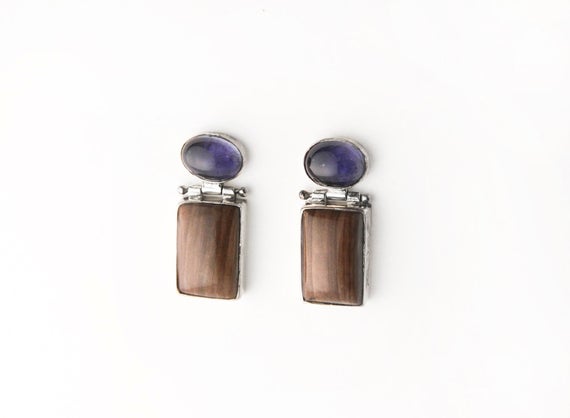 Vintage Mod Iolite And Petrified Wood Sterling Silver Post Earrings, Fossilized Wood And Iolite Stud Hinge Earrings, Unique Gemstone Earring
