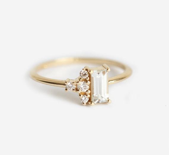 White Baguette Sapphire Ring / Modern Diamond Cluster Ring White Sapphire Ring / Unique Modern Engagement Ring, White Gemstone Ring