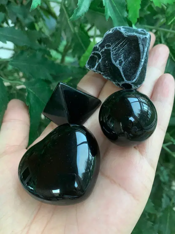 4 Piece Set Black Obsidian Crystals Collection, Grade A + Black Obsidian Heart, Obsidian Pyramid, Obsidian Sphere, Raw Obsidian, Great Gift