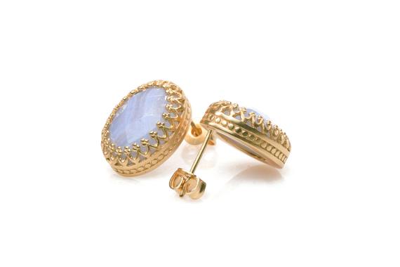 Gold Agate Earrings · 14k Rose Gold Earrings · Gemstone Earrings · Rose Gold Post Earrings · Blue Stone Earrings