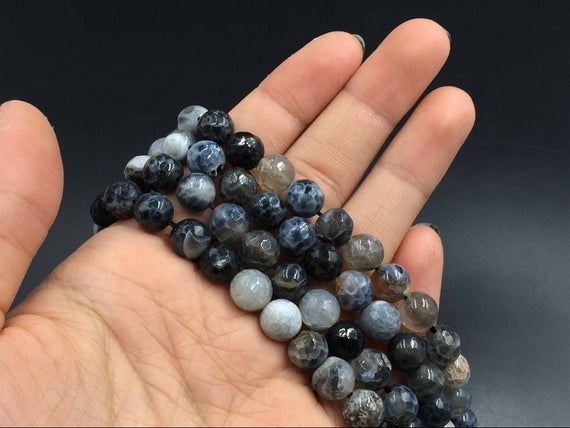 Natural Agate Beads Faceted Round Dragon Veins Agate Beads Polished Round Gemstone Beads Supplies 6/8/10mm Jewelry Making 15.5" Strand