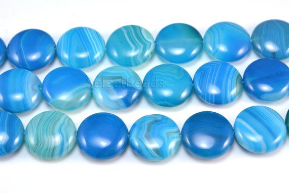Blue Banded Agate Agate Beads - Blue Agate Beads Wholesale - Striped Stone Agate Beads - Blue Beads - Puffy Coin Bead -size 12-22mm -15 Inch