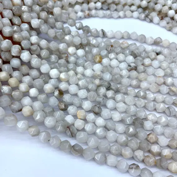 White Agate Star Cut Faceted Beads 6mm 8mm 10mm Natural White Gemstone Rose Cut Geometric Cut Focal Beads Genuine White Lace Agate Mala Bead