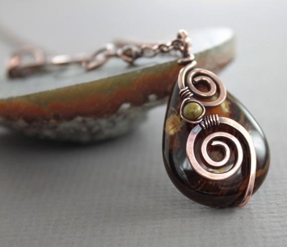 Pear Shape Agate Pendant, Copper Necklace, Brown Gemstone Necklace, Spiral Pendant, Drop Necklace, Rustic Earthy Necklace - Nk024