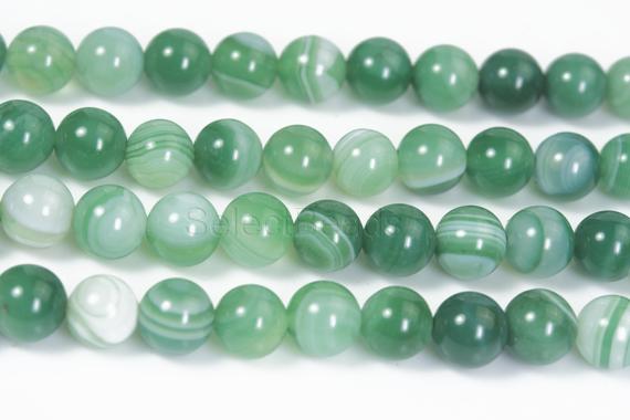 Smooth Round Green Banded Agate Beads - Natural Green Agate - Stripe Gemstone Beads - White And Green Beads -  Size 6-12mm -15inch