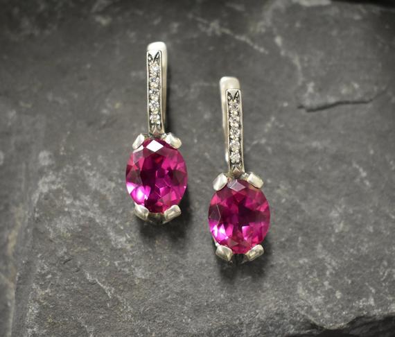 Pink Edwardian Earrings, Created Alexandrite, Alexandrite Earrings, Long Earrings, Statement Earrings, Heavy Earrings, 925 Silver Earrings