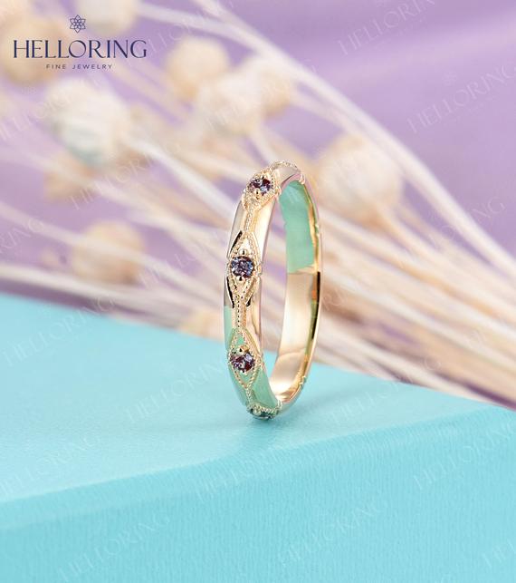 Vintage Alexandrite Wedding Band 3mm Solid Gold Band Women 7 Stones Ring Bridal Art Deco Stacking Ring Birthstone Anniversary Ring