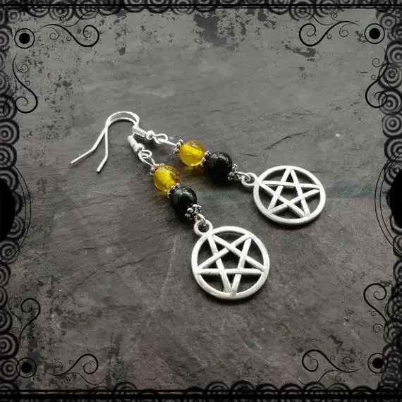 Amber And Lignite Jet Pentacle Witch's Earrings, Wicca, Pagan, Witchcraft