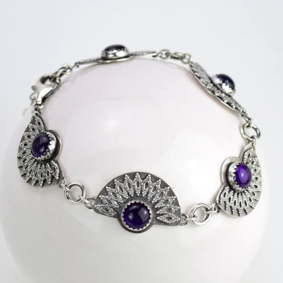 Purple Amethyst Bracelet, Silver Retro Bracelet, Metalwork Gemstone Jewelry