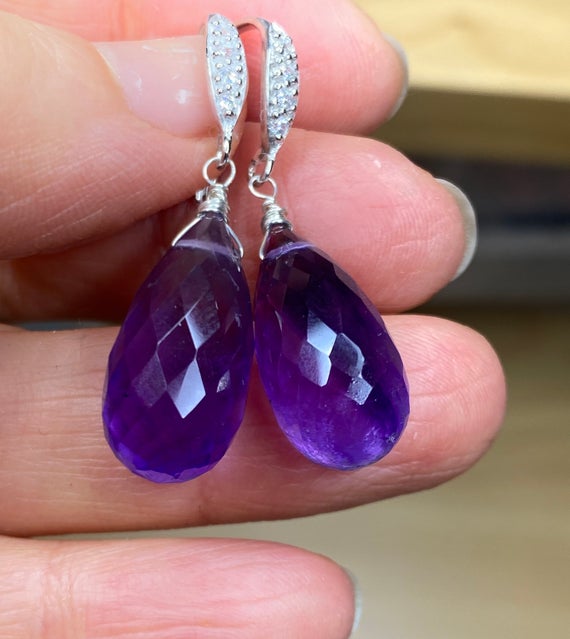 Luxury Natural Amethyst Dangle Drops Pave Earrings.  Sterling Silver Jewelry.  February Birthday.  Ultra Violet Gemstone.