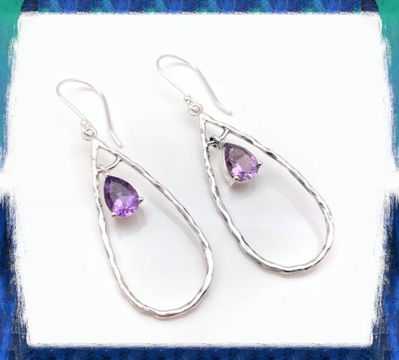 Amethyst Silver Earrings - Long Dangly Oval Shape Amethyst Earrings - Sterling Silver