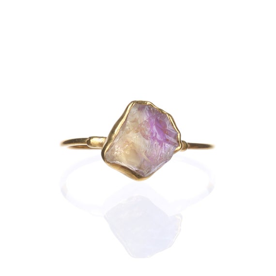 Raw Ametrine Ring • Gold Statement Rings • Natural Bi Colored Amethyst And Citrine Fusion • Indie Raw Gemstone • Crown Chakra • By Ringcrush