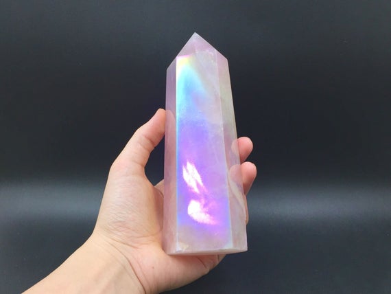 6.5" Large Rose Quartz Tower Rainbow Angel Aura Rose Quartz Crystal Wand Tower Self-standing Point Meditation Healing Crystal Generator 02