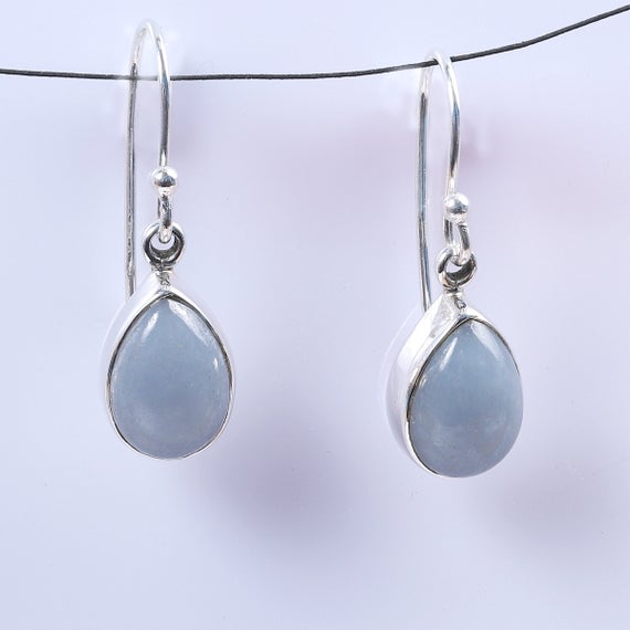 925 Solid Silver Earring, Natural Angelite Earring, Light Blue Crystal Earring, Handmade Pear Earring, Boho Earring, Women Earring