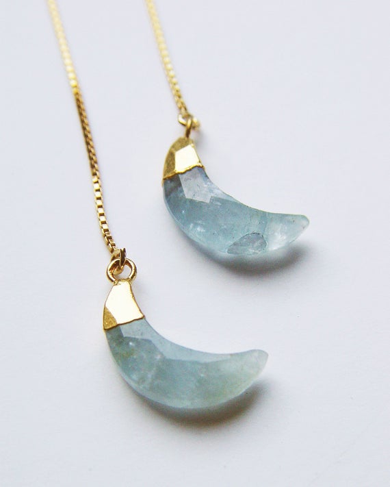 Aquamarine Moon Threader Earrings. Aquamarine Crescent Moon Gold Earrings