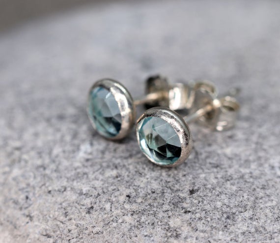 Aquamarine Stud Earrings, March Birthstone Gift, Rose Cut Faceted Aquamarine Stone, Sterling Silver Ear Studs, Light Blue Stone Earrings