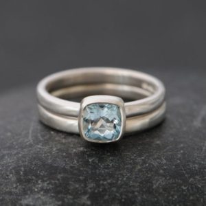 Cushion Cut Aquamarine Wedding Set in Silver, Gift For Her, Blue Gem Engagement Ring | Natural genuine Array jewelry. Buy handcrafted artisan wedding jewelry.  Unique handmade bridal jewelry gift ideas. #jewelry #beadedjewelry #gift #crystaljewelry #shopping #handmadejewelry #wedding #bridal #jewelry #affiliate #ad