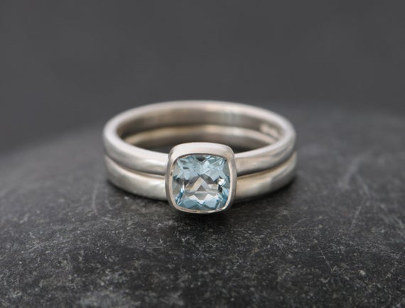 Cushion Cut Aquamarine Wedding Set In Silver, Gift For Her, Blue Gem Engagement Ring