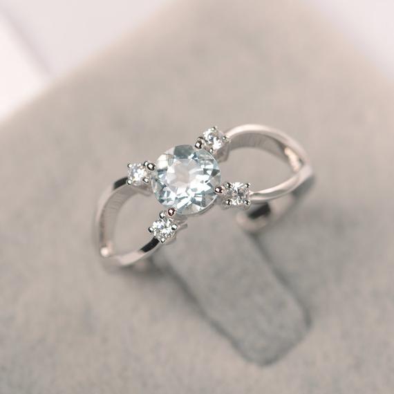 Natural Aquamarine Ring Brilliant Cut Engagement Ring March Birthstone Ring Bridal Ring For Women