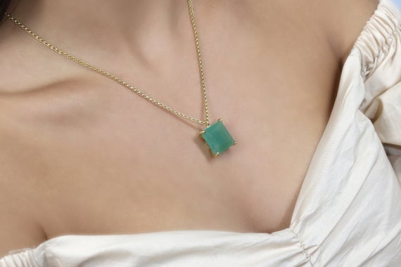 Natural Green Aventurine Pendant · Green Square Necklace · Long Chain Necklace With Gemstone · Silver Aventurine Necklace