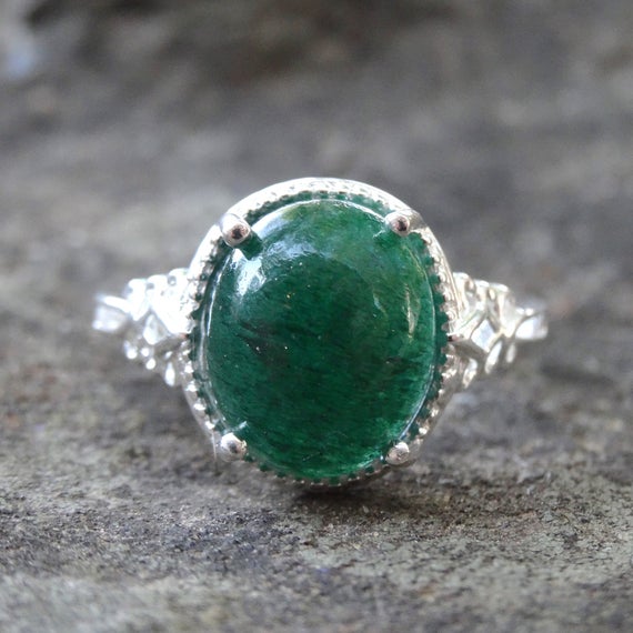Green Aventurine Sterling Silver Ring Size 7, 925 Silver Green Aventurine Statement Oval Ring Size 7, Aventurine Solitaire Ring, Green Stone