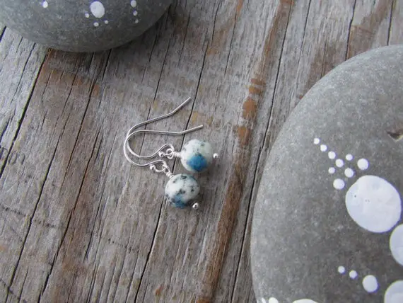 K2 Stone Earrings, Azurite In Granite, Small And Simple Gemstone Earrings