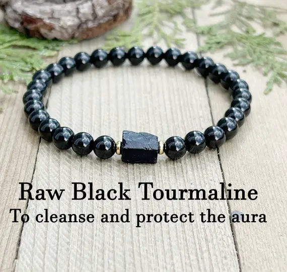 Raw Black Tourmaline Bracelet | Genuine Gemstone | Crystal Healing Bracelet | Protection And Negative Energy Cleanse | Gold Accents